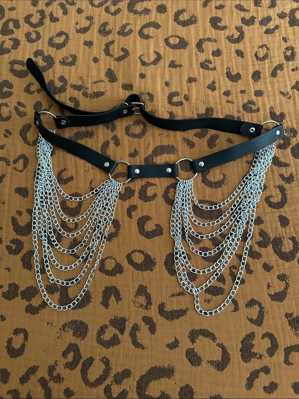 Black Leather Chain Body Harness with Silver Draped Chains